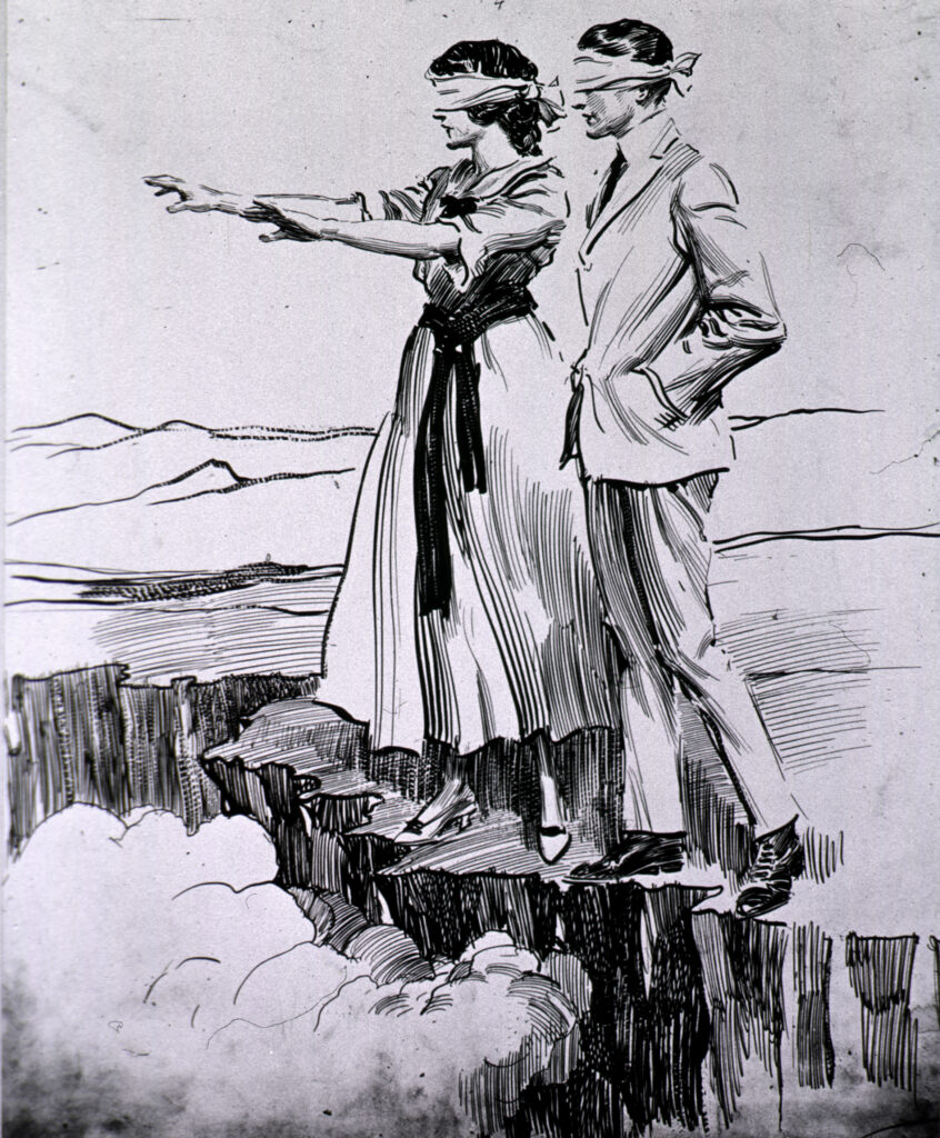 Teckning som föreställer två personer med ögonbindel som står precis på kanten av ett stup.